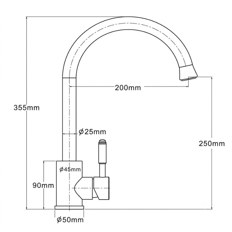 Kích thước vòi Boss rửa bát cố định cổ tròn xoay 360 độ BV101