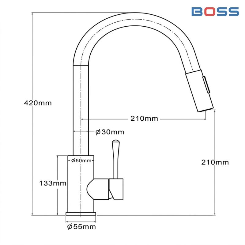 Kích thước vòi Boss dây rút cổ tròn BR6221A