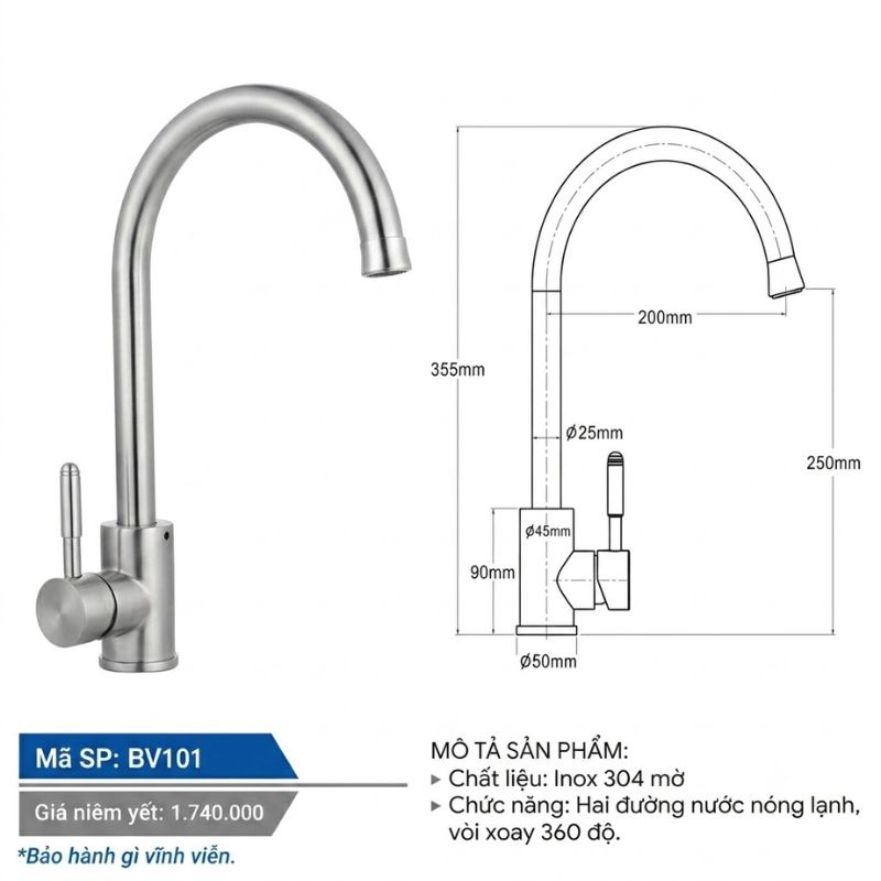 Vòi Boss cố định cổ tròn xoay 360 độ BV101