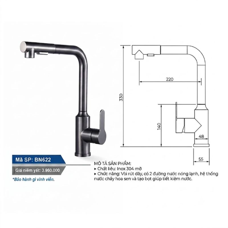 Kích thước vòi Boss dây rút cổ trụ BN622