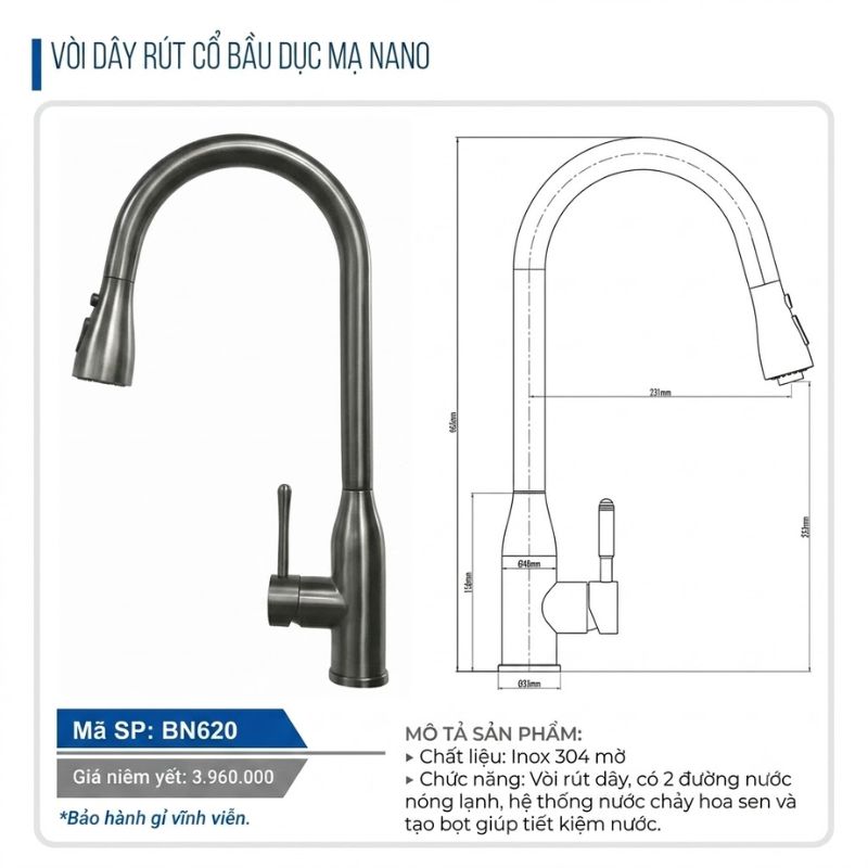 Vòi Boss rửa bát dây rút nano BN620