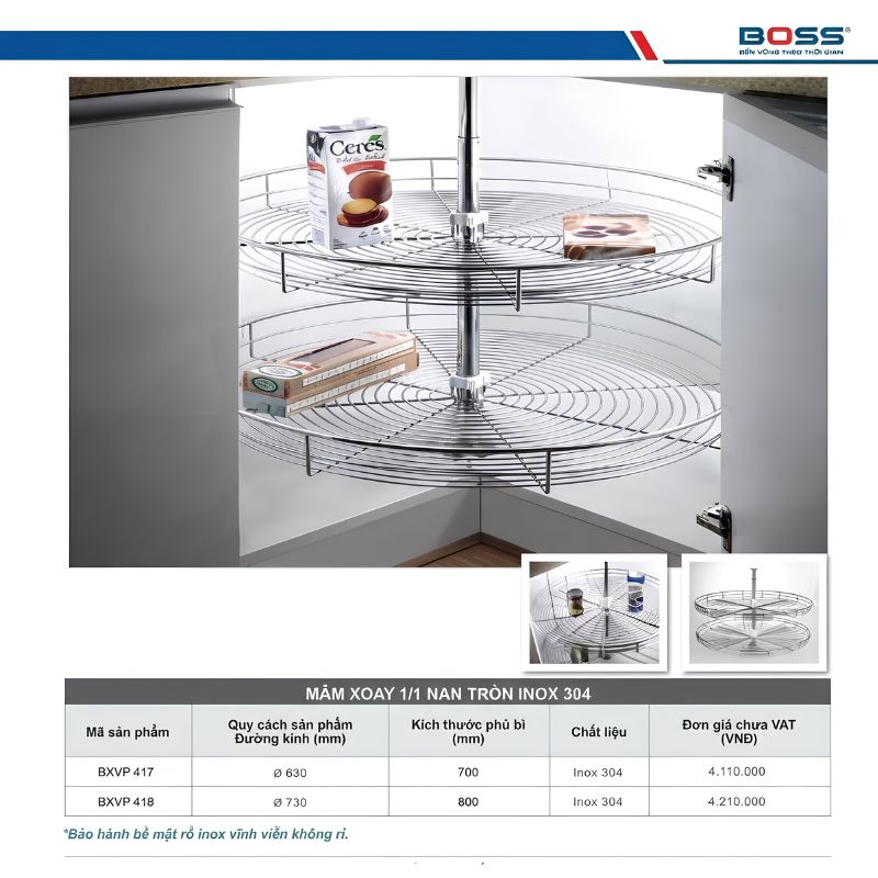Kích thước mâm xoay 1/1 Boss BXVIP417/418