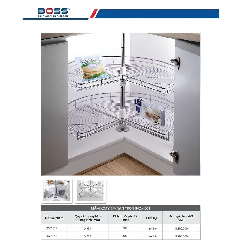 Kích thước mâm xoay 3/4 Boss BXVIP317/318