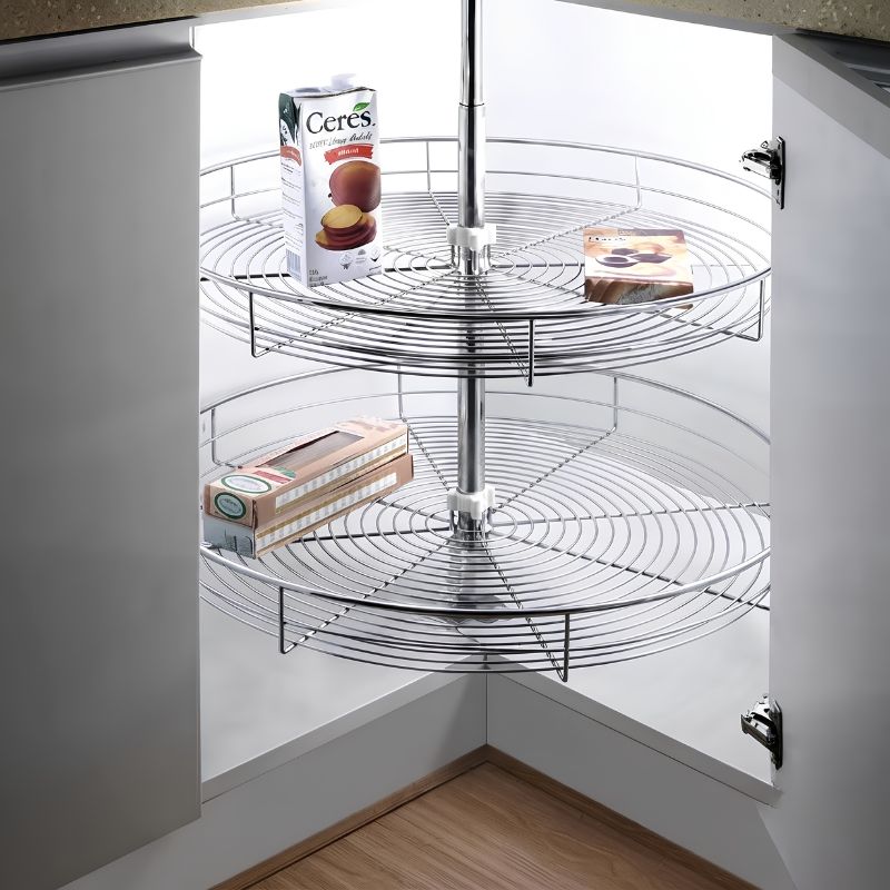 Mâm xoay 1/1 nan tròn inox 3/4 Boss lắp đặt tủ bếp