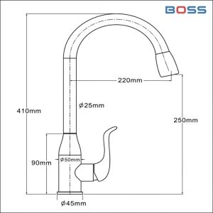 Kích thước vòi Boss cố định xoay 360 độ BV515