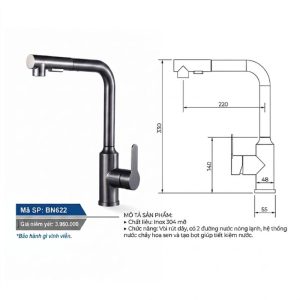 Kích thước vòi Boss dây rút cổ trụ BN622